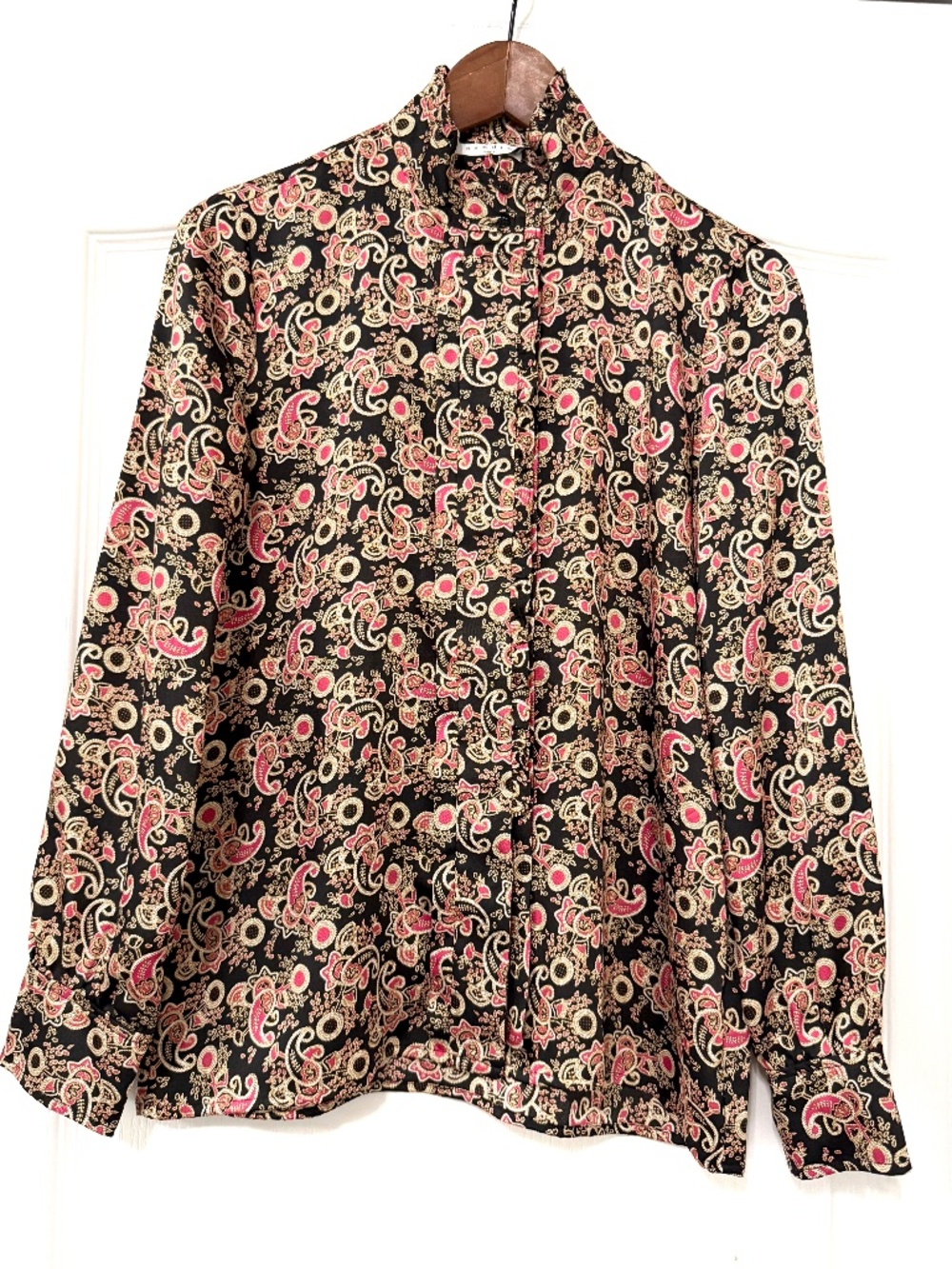 Sandro Paris Paisley Ruffle Mock Neck Blouse Black Pink Satin Size 1 / S